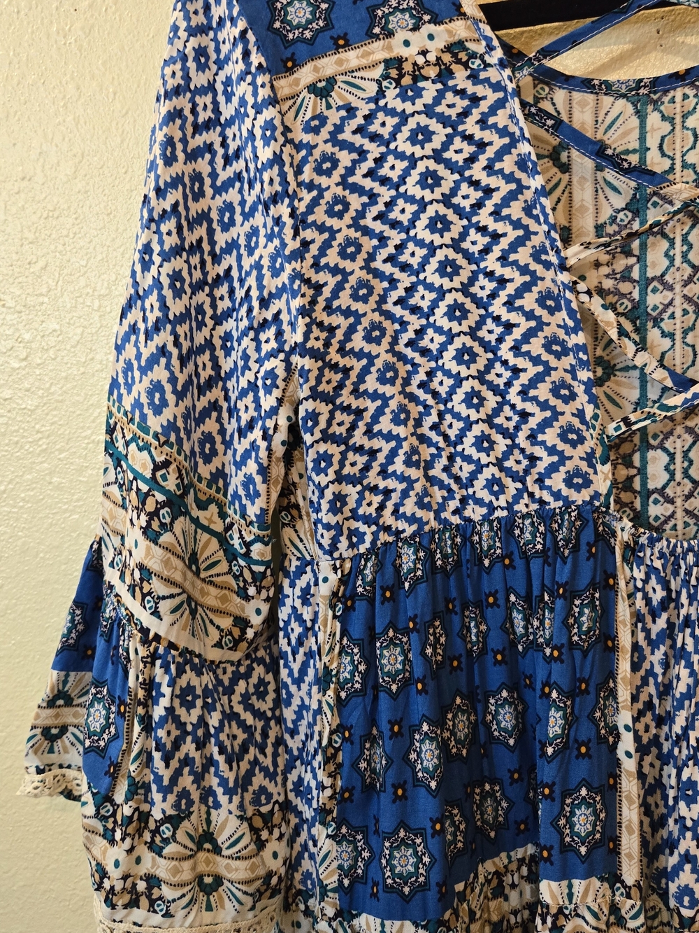 Umgee Mixed Print Blue Peasant Bohemian Tunic Dress with Crisscross Back Size S - Picture 5 of 14